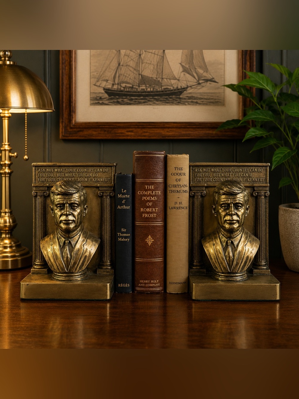 Vintage JFK Bust Bookends | Brass Tone Library Bookends | Heavy Cast Metal Pair